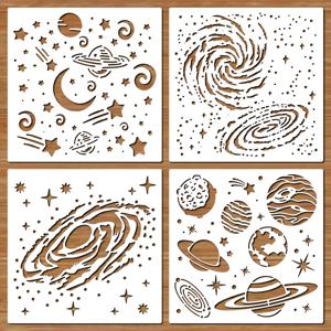 TEMU 4개 세트 은하 스텐실 재사용 가능, 6.0인치 우주와 행성 스텐실 아트 공예용, 플라스틱 우주 및 천체 패턴 스프레이 드로잉 템플릿, 나무 캔버스 종이 천 바닥 책 프레임 벽 가구 유리 등에 사용 가능