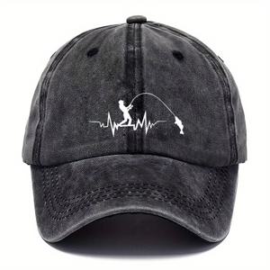 TEMU 남녀공용 빈티지 워싱 낚시 베이스볼 캡 - UPF 자외선 차단 와이드 브림 아빠모자, 골프, 드라이빙, 야외 활동에 적합 - 캐주얼 트럭커 캡 (물고기 패턴)