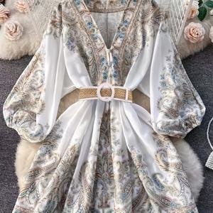 TEMU 여성용 빈티지 페이즐리 프린트 V넥 랜턴 슬리브 드레스 - 조절 가능한 허리 벨트, A라인 짧은 길이, 반투명 소재, 세탁기 사용 가능, 사계절 캐주얼부터 포멀까지, 세련된 디테일