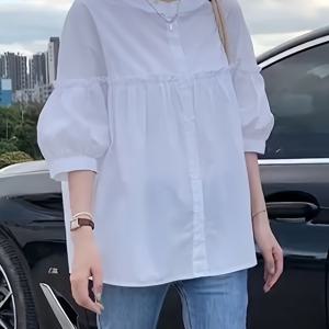 TEMU 여성용 가벼운 여름 반팔 블라우스 - 세미시어 라운드넥 오피스 캐주얼 셔츠, 기계세탁 가능 단색 탑, 따뜻한 날씨에 어울리는 여성 상의 및 블라우스, 캐주얼 웨어, 부드러운 소재