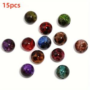 TEMU 15개 아크릴 앰버 크랙클 비즈 - 16mm 버스트 아이스 크랙클 라운드 비즈, 사전 천공된 구멍이 있는 대리석 디자인, DIY 주얼리 만들기용, 가방, 폰 케이스 및 펜 참 장식 - 공예 재료, 가방 장식 | 생동감 넘치는 비드 디자인 | 반투명한 비드 소재, 주얼리 만들기에 적합한 비드