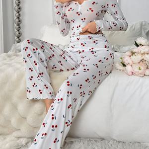 TEMU 체리 프린트 노치 V넥 레이스 긴팔 나이트가운 세트