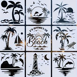 TEMU 9개/세트 해변 및 코코넛 나무 페인팅 스텐실, 크기 5.91×5.91인치, 나무, 캔버스, 종이, 천, 바닥, 벽, 가구 및 유리 재질에 적합. 디자인은 해변, 라운지 의자, 코코넛 나무, 등대, 요트, 일몰, 파도가 포함됩니다.