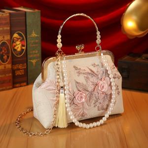 TEMU 우아한 꽃무늬 레이스 저녁 클러치, 분리 가능한 어깨 스트랩, 진주 액센트와 금색 하드웨어가 있는 빈티지 스타일의 직물 핸드백, 파티나 밴쿠티용 자수 디자인, 빈티지 파티 백 | 꽃 자수 | 장식된 클러치