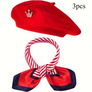 TEMU 3pcs 프렌치 베레모 세트 코스튬 액세서리 - 베레모, 스카프, 크라운 핀 포함 여성용 비니 베레모, 여행, 가족 나들이, 할로윈 파티, 디스코 파티용 따뜻한 프랑스 스타일 모자