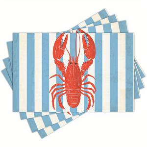 TEMU 4pcs 레드 랍스터 프린트 식탁매트 - 세탁 가능한 폴리에스터, 블루 & 화이트 배경, 파티 및 홈 데코에 적합, 직사각형 디자인, 식탁보 | 오션 테마 데코 | 내구성 있는 식기, 랍스터 데코, 축제 테이블 세팅,해양 디자인,얼룩 방지 소재, 원단,파티 호스트