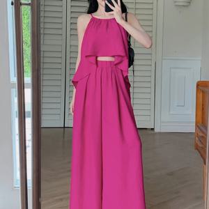 TEMU 여성용 여름 캐주얼 홀터넥 캐미솔 상의와 긴 바지 세트, 편안한 루즈핏 신축성 허리 바지 세트