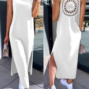 TEMU 새로운 여름 민소매 탑, 레이스 트림과 홀로우 백, 여성용 단색 드레스