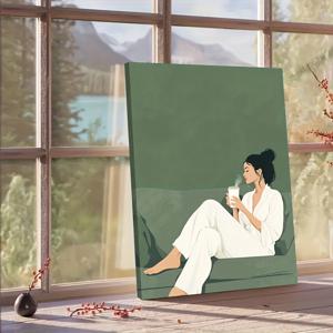 TEMU 2D 평면, 1개 2D 고화질 프린팅 액자 캔버스 아트 및 포스터 - 소파에 앉아 커피를 마시는 여성 모습. 걸기 준비 완료, 홈 데코, 벽 장식, 방 꾸미기, 선물용으로 이상적. 거실, 침실, 식당, 사무실 장식에 적합, 2D 평면