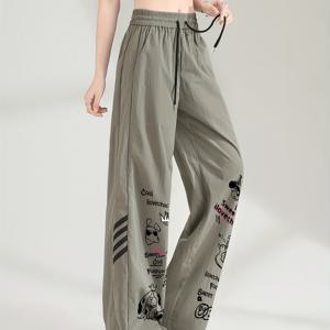 TEMU 2025년 미국 스타일의 여성용 장사각 바지, 루즈하고 편안한, 하이웨이스트, 매력적인 드로스트링 장식, 롱 트라우저