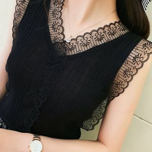 TEMU 프렌치 시크 브이넥 레이스 엣지 스플라이스 캐미솔, 스위트하고 슬림핏인 민소매 탑 베이스 아우터웨어용 내부 셔츠