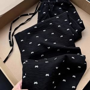 TEMU 여름용 가벼운 블랙 와이드 레그 팬츠 (여성용), 리본 프린트, 하이웨이스트 캐주얼 트라우저, 집 또는 야외 활동에 적합, 자외선 차단 수면 및 워킹 팬츠, 통기성 좋고 매력적인 롱 팬츠