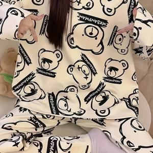 TEMU Syz 방향성 발달 - 여성용 긴팔 긴 바지 귀여운 만화 곰 머리 잠옷 세트