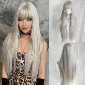 TEMU 7JHH 가발 / 한국 스타일 롱 합성 가발 (앞머리 & 하이 레이어) - 베이지/그레이/화이트 헤어, 여성용, 데일리, 파티, 뮤직 페스티벌 - 27.95인치, 밀도 150% 볼륨 가발