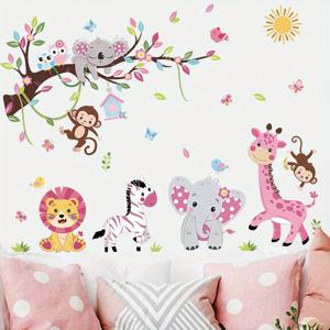 TEMU 실내 또는 침실 장식을 위한 숲 속 코끼리, 사자, 기린이 있는 핑크색 동물 나무 가지 벽 스티커. 간편하게 떼어내어 붙일 수 있는 자가 접착 PVC 소재로 제작되어 전기 없이 자유롭게 사용 가능합니다.