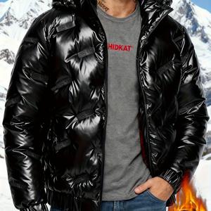 TEMU 남성용 겨울 패션 캐주얼 솔리드 컬러 광택 프린트 따뜻한 후드 재킷, 탄력 있는 커프스, 야외, 스포츠 및 일상복에 적합