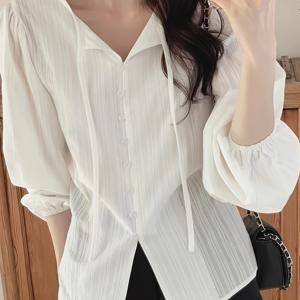 TEMU 여성용 우아한 프렌치 스타일 타이업 셔츠, 올 시즌에 적합한 다용도 라운드넥 및 싱글 브레스트 디자인