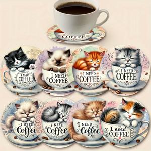 TEMU 커피 고양이 나무 코스터 8개 세트, 내열 및 미끄럼 방지 테이블 매트, 10X10 Cm / 3.94X3.94 Inches, 크리스마스 또는 추수감사절 선물로 이상적인 선택