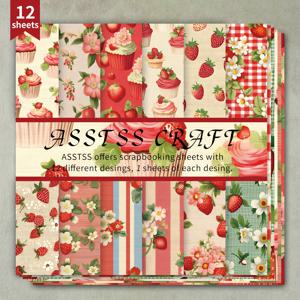 TEMU 12장 스크랩북용 종이 패드, 과일 딸기 배경지 용품, 두꺼운 카드스톡, 불릿 저널링 & 콜라주 아트, 인사말 카드 및 공예용, 6