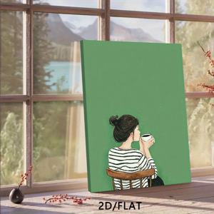 TEMU 2D 플랫, 2D 플랫, 2D/FLAT, 녹색 배경에 앉아 있는 여성의 차를 마시는 장면이 있는 프린트 캔버스 아트워크, 나무 프레임, 서재, 거실, 사무실, 도서관의 홈 데코에 적합