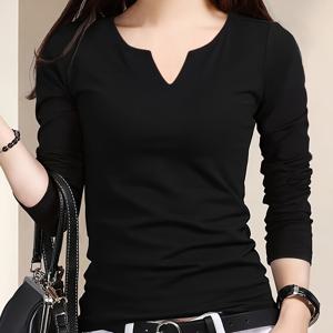 TEMU 2025년 봄/가을 여성용 블랙 베이스 레이어 탑, 작은 V넥 디자인의 긴소매 티셔츠