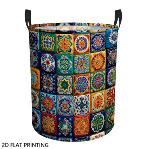 TEMU 1개 빈티지 모로코 타일 패턴 빨래바구니 - 접이식 옷걸이 바구니, 튼튼한 손잡이 포함, 공간 절약형 원형 수납함 (욕실/침실/기숙사용), 쉽게 세척 가능한 내구성 있는 정리함 - 홈 데코 선물 아이디어, 러스틱 감성, 내마모성 소재, 작은 공간 생활에 적합