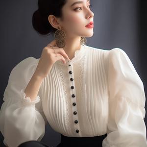 TEMU 플러스 사이즈 여성용 우아한 화이트 레이스 슬리브 블라우스 - 스탠드 칼라, 버튼 프론트 셔츠, 기계 세탁 가능 논스트레치 원단, 공식 및 반공식 행사, 사무실 & 특별 이벤트용 다목적 엘레강스 탑