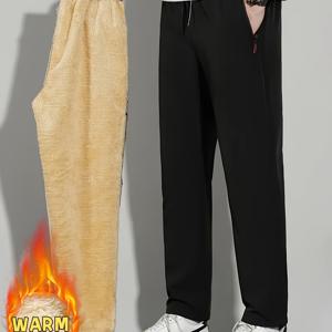 TEMU 남성용 겨울 바지 - 신축성 있는 袖口， 100% 폴리에스터, 조절 가능한 드로스트링 허리, 레귤러 핏, 야외 활동 및 추운 날씨용, 겨울 캐주얼웨어 | 슬림핏 팬츠 | 지퍼 디테일 팬츠