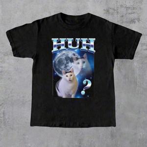 TEMU 남성용 반팔 라운드넥 티셔츠, 달고양이 프린트, 폴리에스터 소재, 캐주얼 웨어에 적합