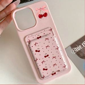 TEMU 휴대폰 케이스 - 2개 레드 체리 리본 카드 홀더 + 핑크 리치 텍스처 휴대폰 케이스, 아이폰 16, 16E, 15, 14, 13, 12, 11 Pro Max, X, Xr, Xs, 8, 7 Plus 호환