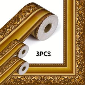 TEMU 3롤 팩, 롤당 10m (총 30m) 빈티지 골든 프레임 보더, 게시판 보더 다이컷 롤 그림 프레임 보더 트림, 자체 접착식 벽지 스타일 스트립, 쉬운 적용 및 잔여물 없는 제거, 게시판 프레임용 매끄러운 가장자리 디자인, 게시판, 칠판 또는 사진 프레임 장식에 이상적, 교실, 서재 또는 침실에 적합
