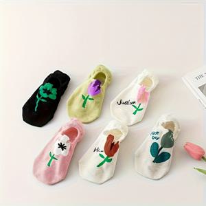 TEMU 여성용 스위트 플로럴 보트 삭스 6켤레, 귀여운 튤립 숏 삭스 여름용, 스타일리시하고 활용도 높은 투명 양말