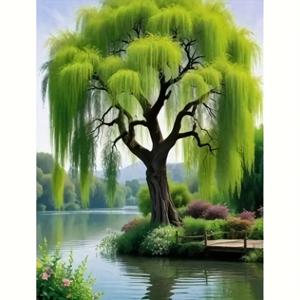 TEMU 아트 1개 40x50cm/15.74x19.68인치, 눈물나는 버드나무, DIY 5D 풀드릴 라운드 페인팅, 수공예 예술, 세련된 라인석 십자수 캔버스 그림, 가정 및 주방 벽 장식용, 성인용 선물, 프레임 없음