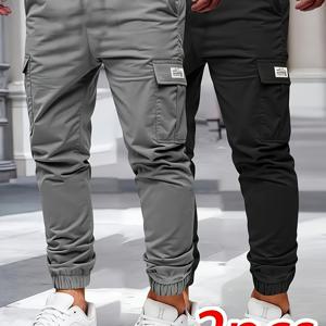 TEMU 남성 카고 바지 2벌 - 루즈핏, 허리, 다중 포켓, 단색 (및 올리브 그린) - 캐주얼 올 시즌 착용, 편안한 의류 | 루즈핏 바지 | 기능성 포켓