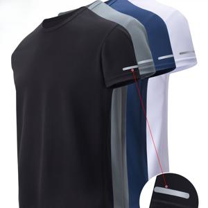 TEMU 통기성이 뛰어난 남성용 퀵드라이 피트니스 스포츠 반팔 티셔츠 4개 팩, 야간 운동용 야광 스트립을 갖춘 아웃도어 러닝 티셔츠, 빠른 건조 성능, 탁월한 통기성, 야간 러닝 티셔츠