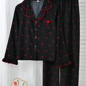 TEMU 레드 트림이 있는 러플 롱 슬리브와 바지로 편안함을 디자인한 2피스 체리 프린트 여성용 파자마 세트. 라펠과 싱글 브레스트 버튼이 있는 긴 가디건 포함. 가을 라운지에 적합합니다.