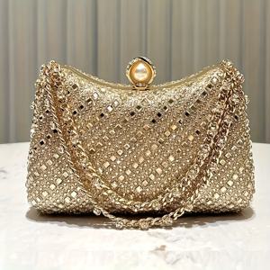 TEMU 반짝이는 라인스톤 골드 클러치백 - 탈착 가능한 스트랩, 화려한 메탈 웨딩, 프롬 & 갈라 이브닝 핸드백, 우아한 클라스프 클로저 파우치 (폴리에스터 안감) - 파티 & 특별 이벤트용