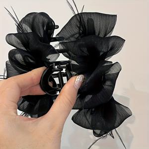 TEMU 우아한 꽃 머리핀, 깃털과 메쉬 디테일, 플라스틱 대형 샤크 클립, 여성용 귀엽고 스타일리시한 헤어 액세서리, 단색 디자인, 축제 행사 및 발렌타인데이 선물 -1