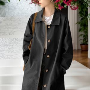 TEMU 여성용 가을 겨울 심플 턴칼라 미디 트렌치 코트 루즈핏 캐주얼 아우터웨어