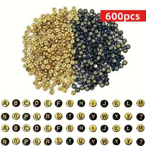 TEMU 아크릴 알파벳 구슬 600개, DIY 주얼리 제작 및 공예용품용 블랙 & 골든 A-Z 레터 비즈 모음, 주얼리 제작용 구슬