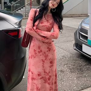 TEMU 레트로 홍콩 스타일 슬림핏 롱 드레스, 순수하고 섹시한 3D 플로럴 패턴, 빈티지 허리가 조이는 피쉬테일 스커트, 2026