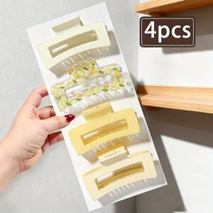 TEMU 4개 캔디 컬러 할로우 사각 헤어 클립, 다양한 헤어스타일에 어울리는 다재다능하고 우아한 추가 장식, 미끄럼 방지 클로 클립으로 업스타일을 고정, 과일 시리즈 투명 사각 클립, 일상 외출 및 데이트에 적합