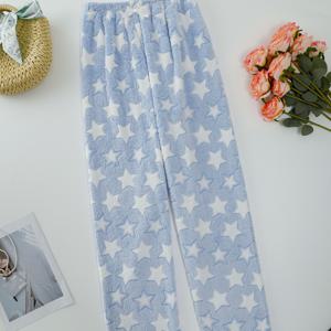 TEMU 여성용 겨울 플러시 잠옷 바지, 파란색 배경과 흰색 별 무늬, 외출복으로 적합
