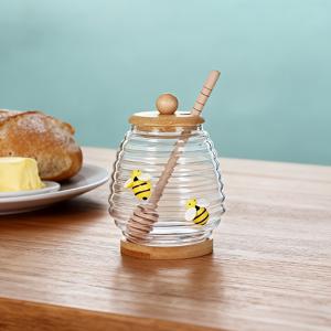 TEMU 벌 디자인 유리 꿀병, 나무 스틱 1개, 나무 뚜껑 1개, 나무 받침대 1개 포함, 투명 꿀 보관 용기, 벌 장식, 시럽 보관용, 가정, 결혼식, 파티, 주방 도구로 이상적