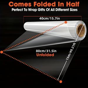 TEMU 초넓은 투명 비닐 랩 1롤 - 강력한 필름, 폭 31.5인치 X 길이 590.55인치 (접은 폭 15.75인치) - 선물 포장, 결혼식, 크리스마스, 발렌타인데이, 꽃, 유리 등에 적합
