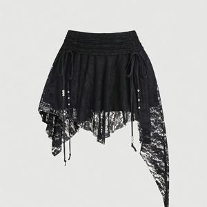 TEMU 스타일 레이스 러플 비대칭 밑단 드로스트링 허리 플리츠 여성 미니 스커트