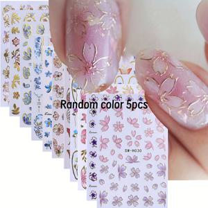 TEMU 봄과 여름을 위한 플로럴 네일 스티커 5개 세트 - 벚꽃 꽃잎 디자인으로, 반짝이는 자가 접착 네일 아트 스티커로, 홈 데코, 축제 선물, 네일 액세서리 필요성에 완벽합니다.