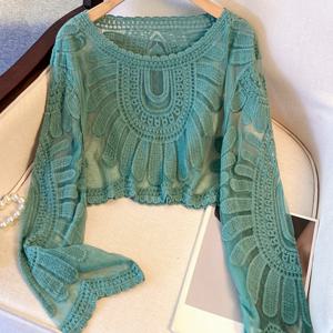 TEMU 스타일 숏 여성용 여름 풀오버, 라운드넥, 긴소매, 코바늘 레이스 자수