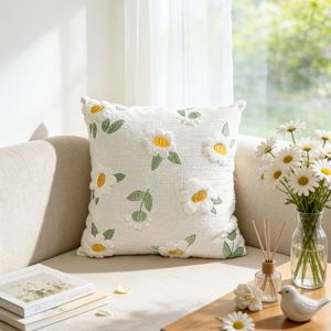 TEMU 1개, 입체적인 데이지 모양 인조 토끼털 자수 플러시 베개 커버, 18X18인치, 산뜻하고 쉬운 INS 스타일 컨트리 컬리지 스타일, 봄과 여름 장식 쿠션 커버, 침실 거실 소파에 적합, 베개 속통 미포함