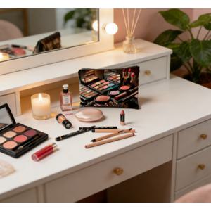 TEMU 프린팅 디자인 무질감 2D 프린팅 화장 도구 프린팅이 있는 화장품 가방 - 립스틱, 아이섀도우, 파우더 블러셔가 들어가는 휴대용 화장품 보관 가방, 컴팩트하고 여행에 편리한 디자인 (화이트/레드/블랙), 2D 평면